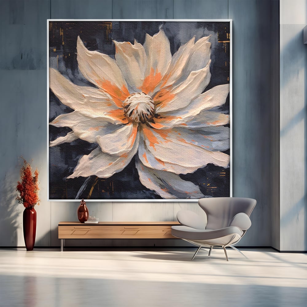 Tablou canvas cu tablou canvas cu floare texturata, in rama de aluminiu argintiu
